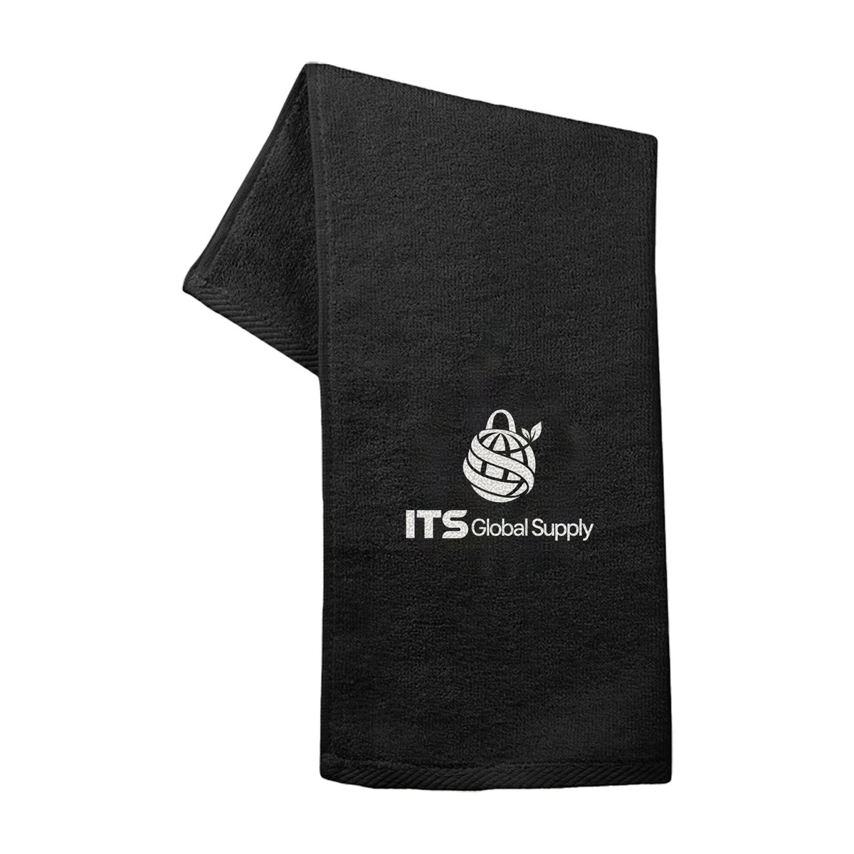 IT200 black hemmed hand golf towel printed with ITS Global Supply logo