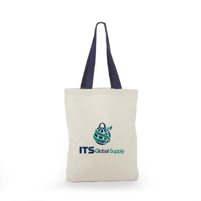 ITB300 natural navy handle cotton canvas tote bag printed with ITS Global Supply logo