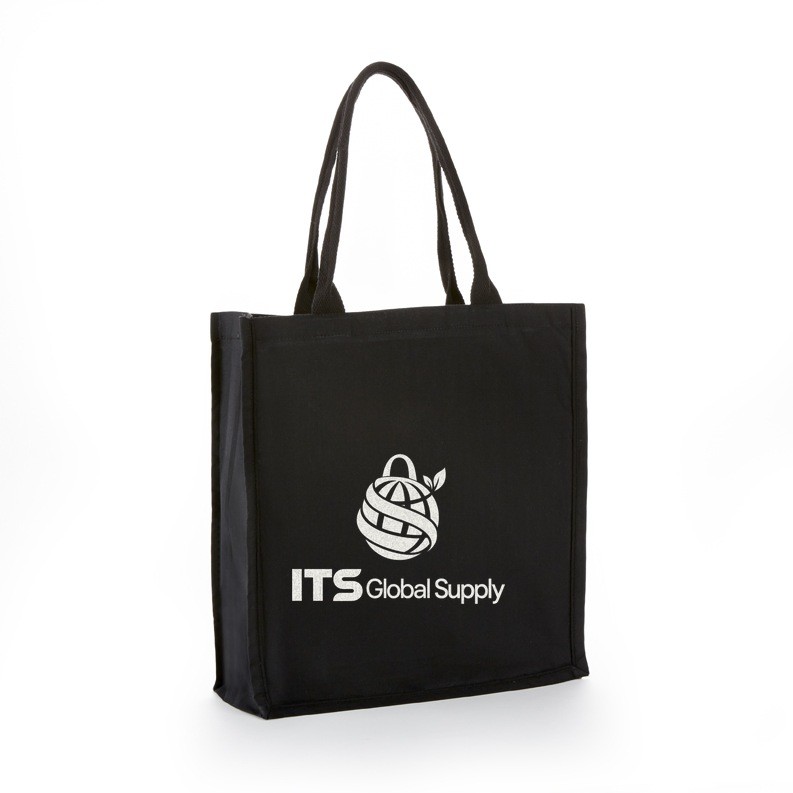 ITB6117 black cotton canvas tote bag printed with ITS Global Supply logo
