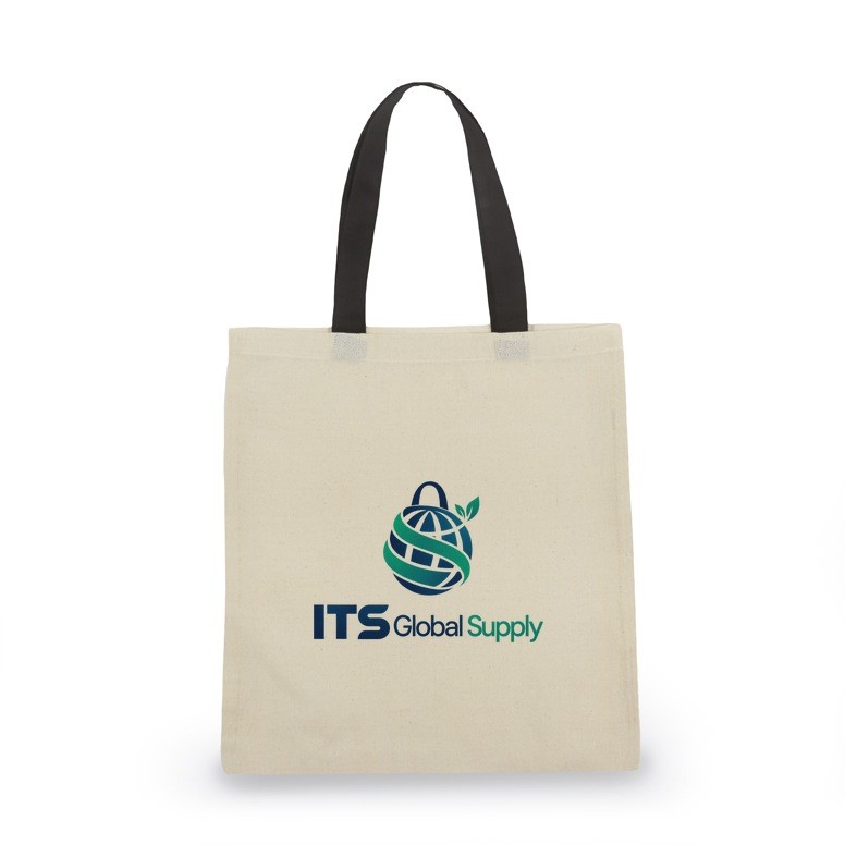 ITB6118 natural black handle cotton canvas tote bag printed with ITS Global Supply logo