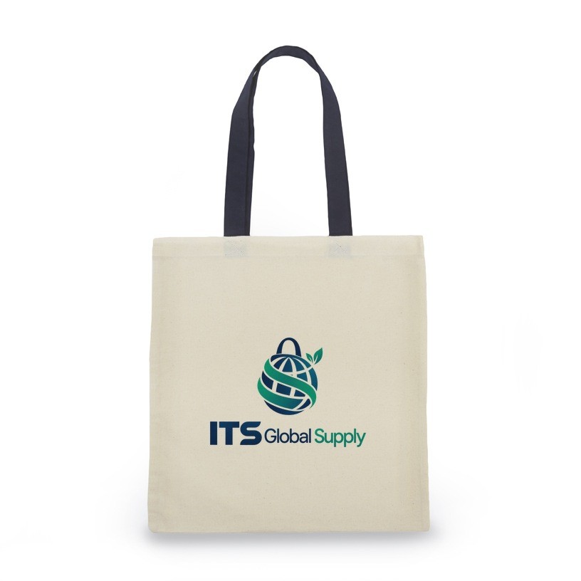 ITB6118 natural navy handle cotton canvas tote bag printed with ITS Global Supply logo