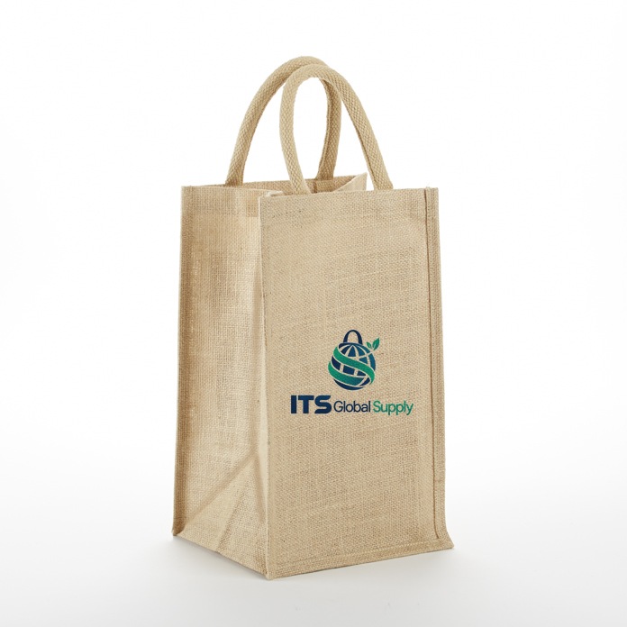Solid front jute wine bag printed with ITS Global Supply logo